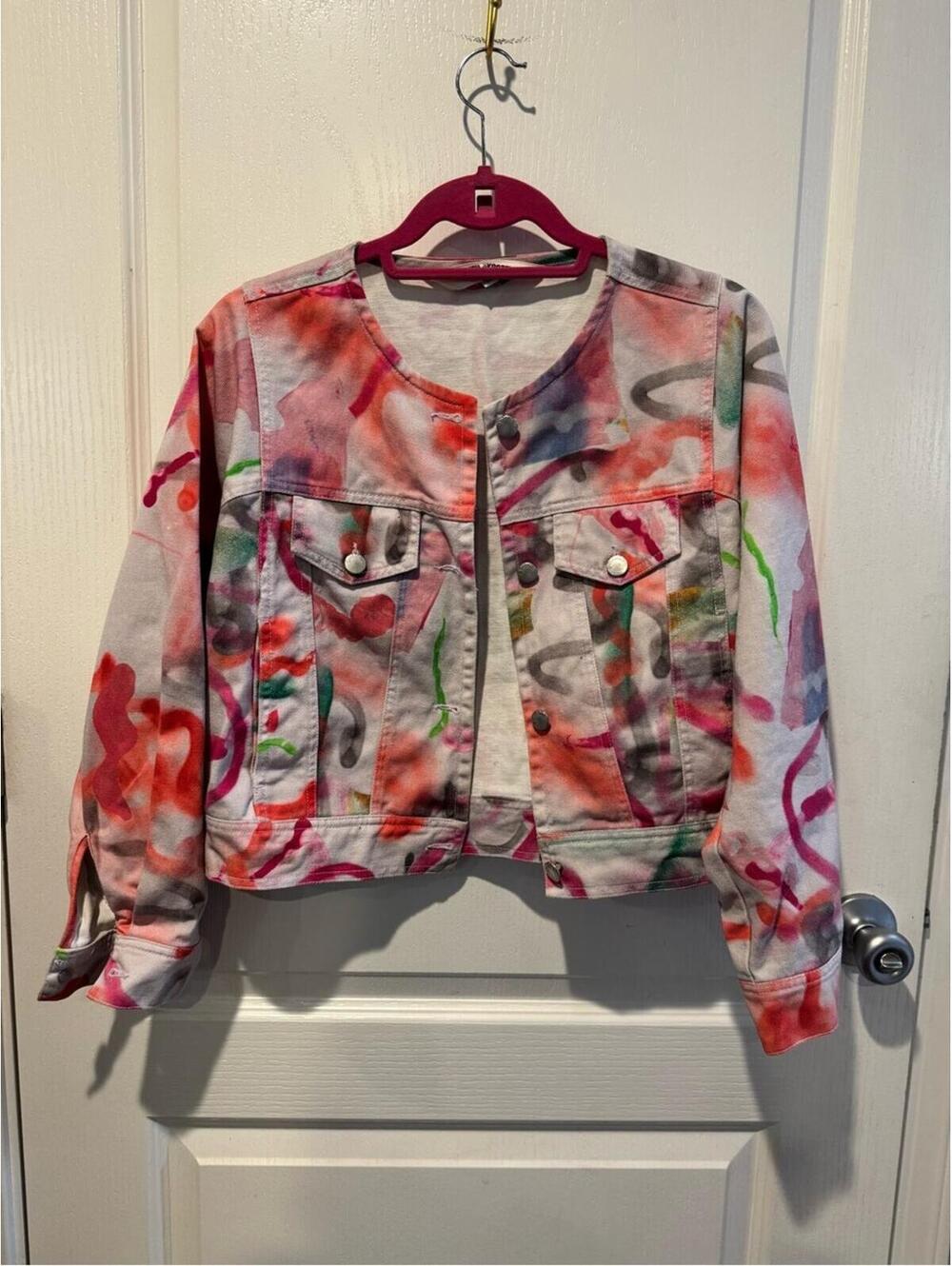 gorman Pink Multi-Color Abstract Spray Paint Cropped Jean Jacket